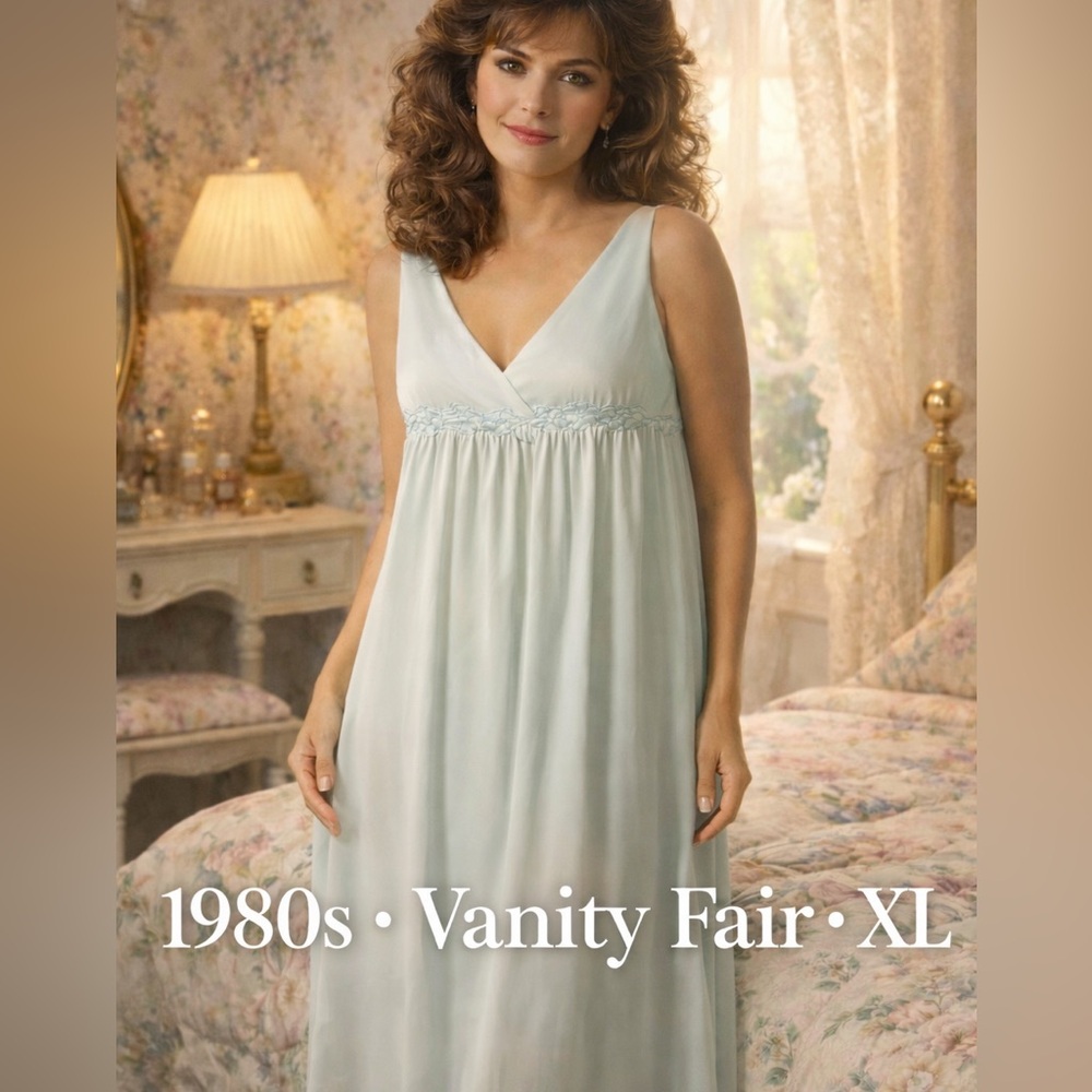 Vintage 1980s Vanity Fair Powder Blue Nylon Nightgown XL Made in USA